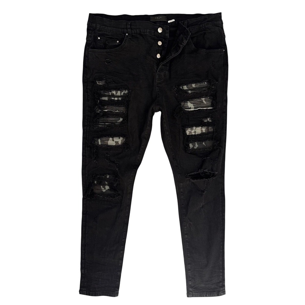 Amiri MX1 Jeans Mens 40 Black Camo Distressed Skinny Slim Fit Made in USA Grunge